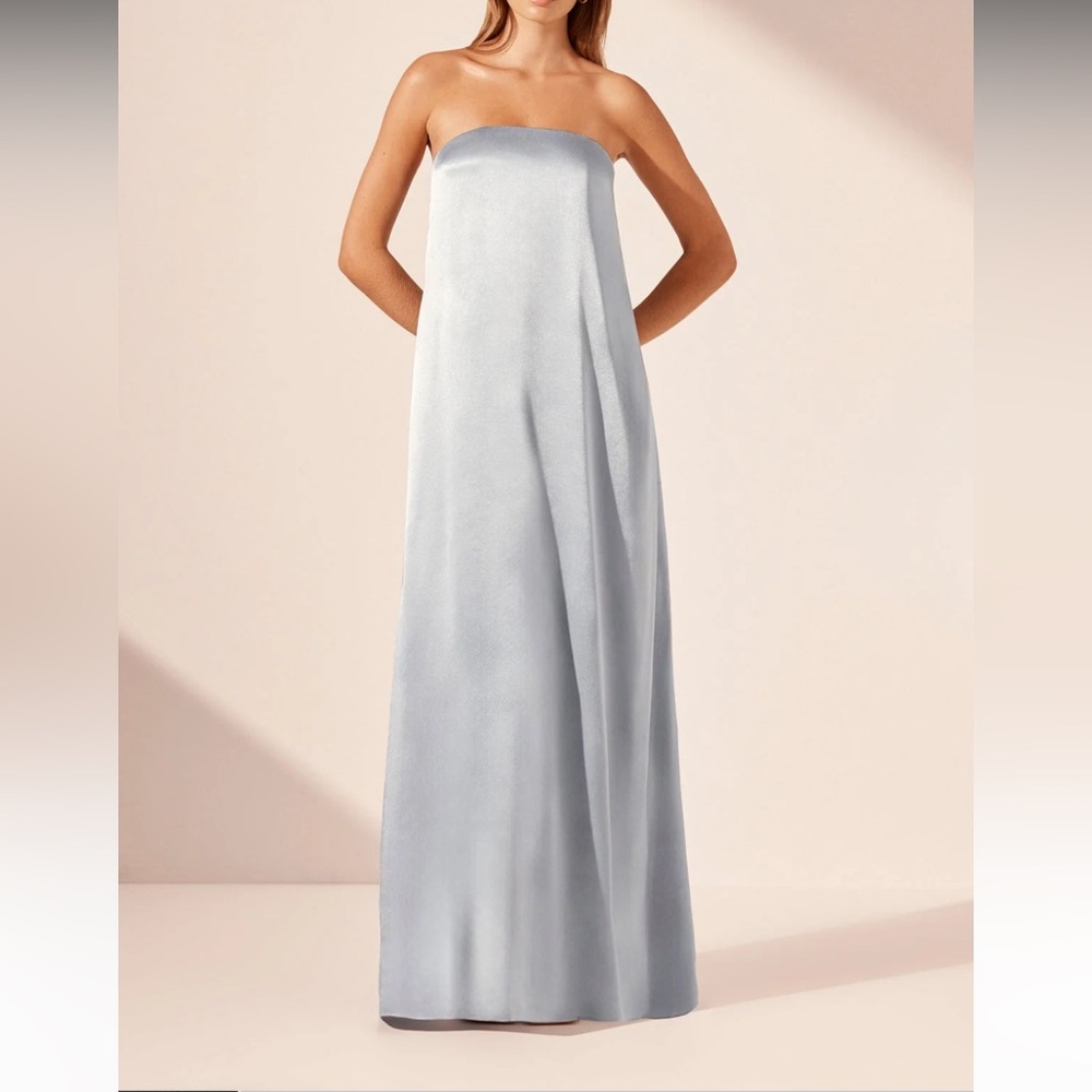 Shona Joy strapless blue satin gown with inside corset zipper.